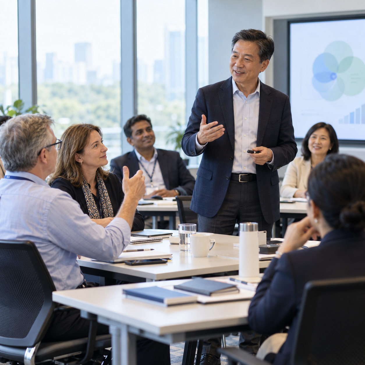 An experienced trainer leading a corporate classroom discussion